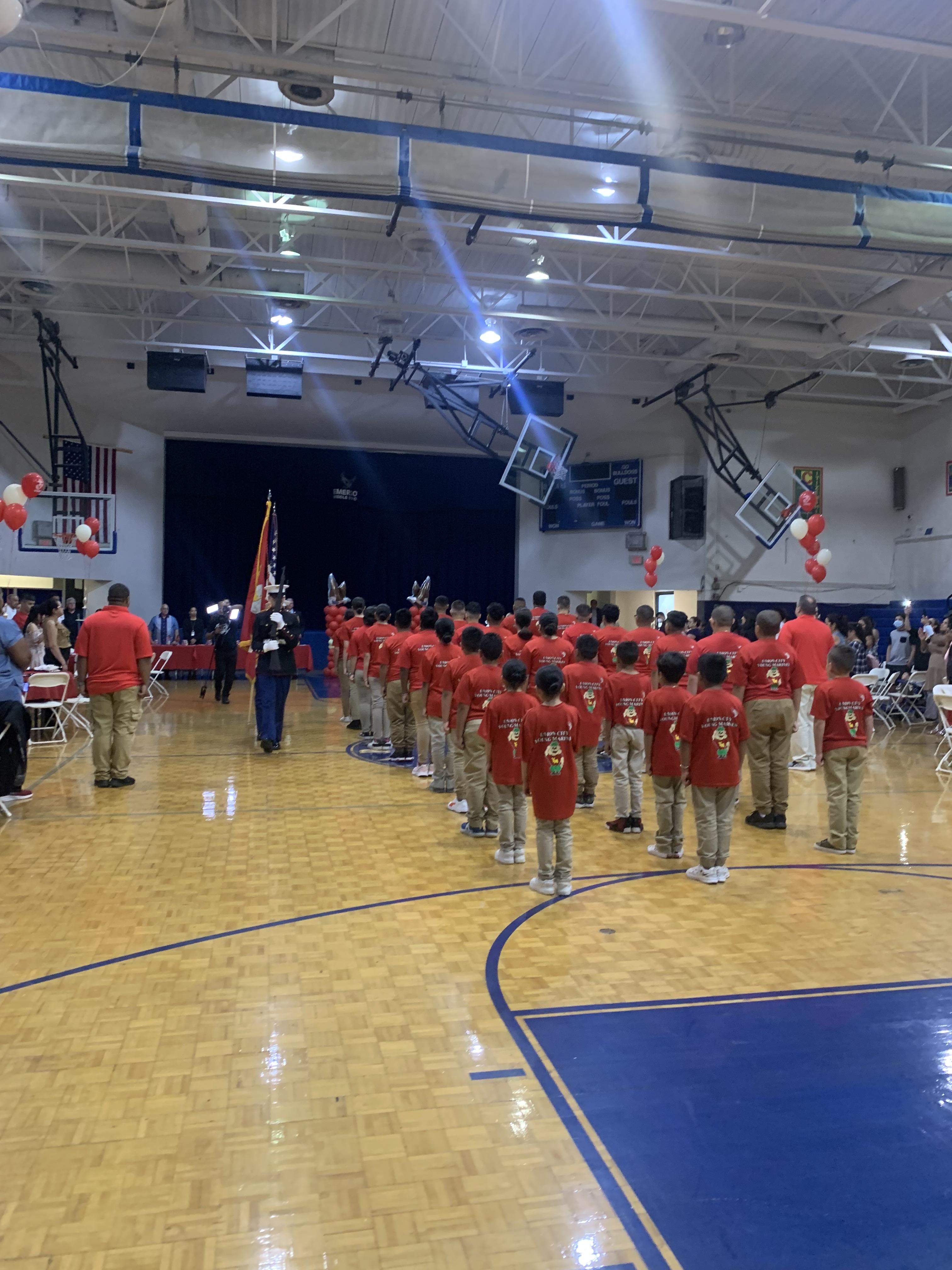 Students lining up as Young Marines at the Emerson Middle School